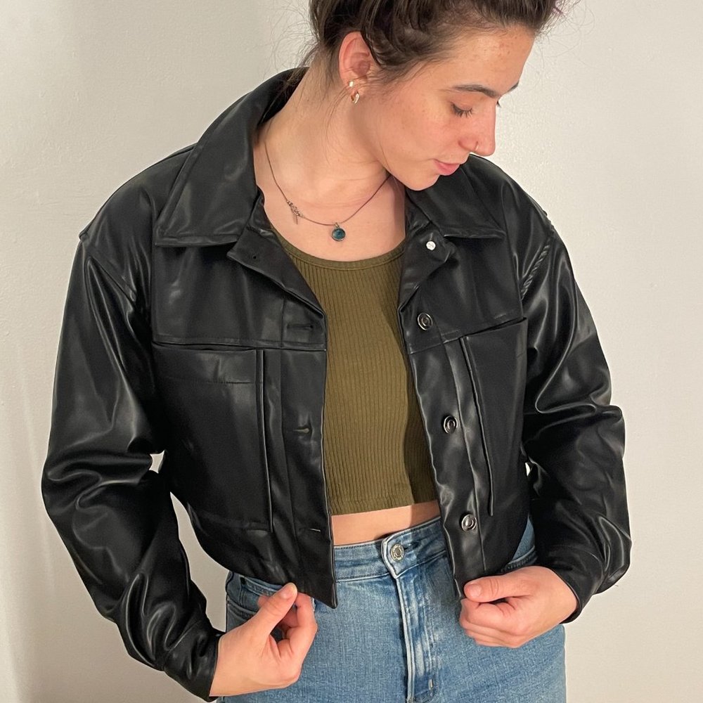 Faux Leather crop Jacket with snaps